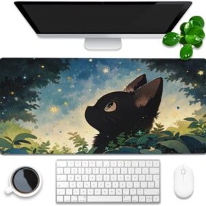 Schreibtischunterlage, Anime, niedliche schwarze Katze, erweitertes Gaming-Mauspad, groß, 89,9 x 39,9 cm, großes Mauspad mit rutschfester Unterseite und genähtem Rand, langes Computer-Tastatur-Mauspad